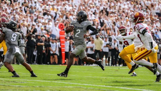 Colorado Buffaloes quarterback Shedeur Sanders for a touchdown against the USC Trojans.